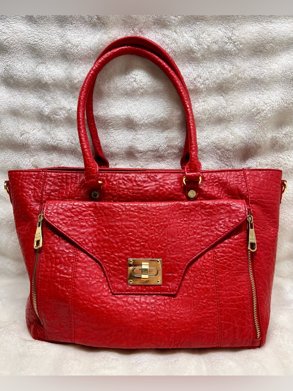 Steve Madden Red Textured Tote with Gold Hardware